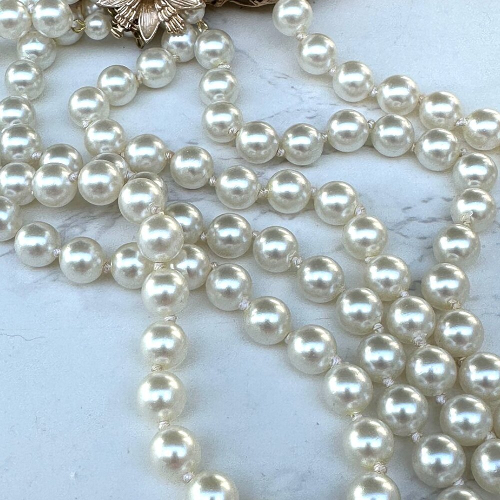 Faux Pearl Triple Strand Necklace With Gold Flower Clasp, Bridal Jewerlry, Gift - Picture 6 of 13